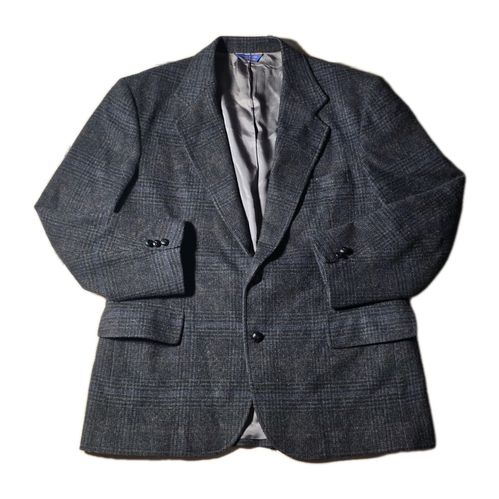 Vtg Pendleton Gray Herringbone 44R Blazer Virgin Wool Plaid Jacket USA Made